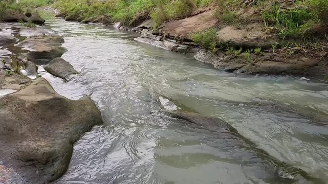 Shallow stream gliding over long rocks in natural channel. Creek flow across flat stone slabs with gentle ripples. River shallows weaving through rugged rocky bed. Soft current moving along stony corr