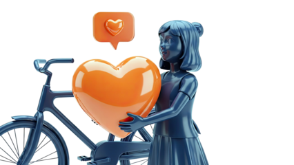 3D Render: Girl with Heart and Bicycle, Social Media Like Icon