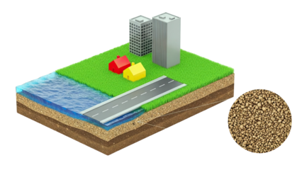 Cross-section of urban landscape with water and soil