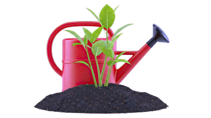 Red Watering Can with Growing Plant and Soil