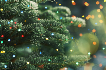 Beautiful Christmas tree with artificial snow on blurred green background, closeup