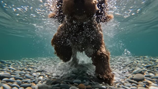 Brown Dog Paddling Underwater on Pebbles in the Lake With Waves