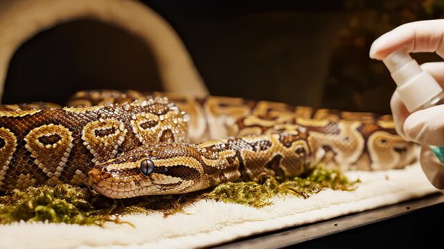 Gloved Hand Mists Snake in Terrarium for Humidity Control Video