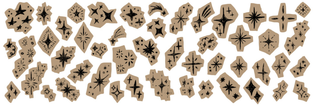 Grunge scrapbook star stickers big set. Cutout paper shapes with chalk, crayon texture. Hand drawn vector sketchy spark elements for collage, zine, journaling, DIY craft, vintage aesthetic projects.