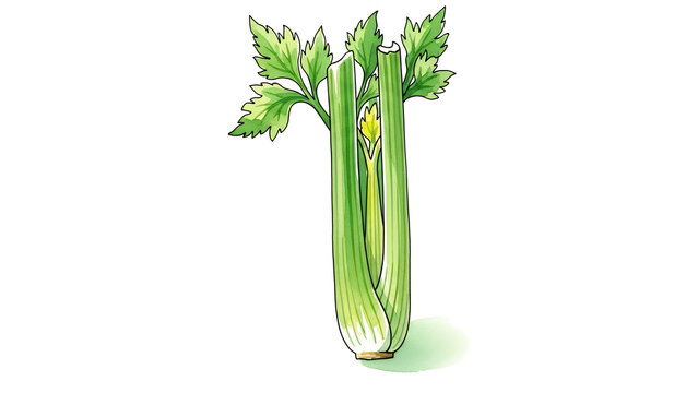 A detailed illustration of a green celery stalk with leaves, showcasing its texture and structure from a front view.