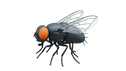 Stylized 3D Illustration of a Black Fly with Orange Eyes