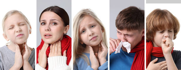 Children and adults suffering from cold. Collage of portraits