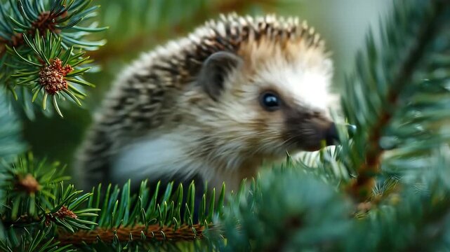 ハリネズミが松の枝をかじる様子