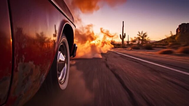 Classic Car Drifting on Desert Road at Sunset with Dust and Smoke.