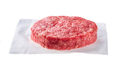 Coarsely ground beef patty for burgers isolated on a white background.