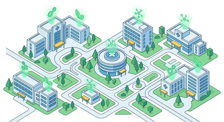 Fototapeta premium Isometric illustration of a smart hospital network and medical campus. Healthcare system diagram showing connected clinics, research, and sustainable technology icons.