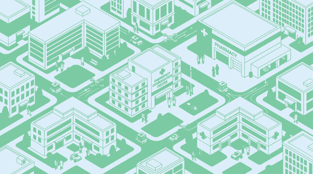 Isometric illustration of a city healthcare system with hospitals, clinics, and pharmacy. Medical infrastructure and urban planning concept in green line art.