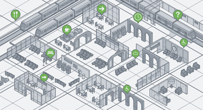 Isometric train station map and airport terminal layout. Schematic diagram illustration for transportation system planning and wayfinding infographics.