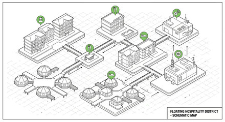 Fototapeta premium Isometric diagram of a floating city network, a technical line art illustration of a future hospitality district. Urban planning concept for smart infrastructure and system mapping.