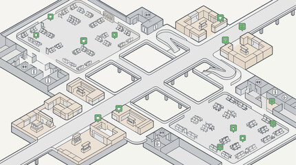 Obraz premium Isometric airport terminal map or shopping mall floor plan illustration, a system diagram for business technology and navigation concepts.