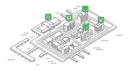 Fototapeta premium Isometric Smart City Infrastructure Diagram with IoT Icons, Coastal Urban Planning and Logistics Management Concept, Minimalist Line Art Architecture for Digital Transformation
