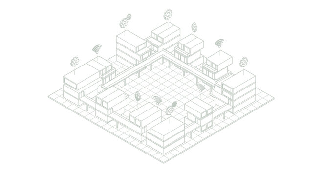Isometric smart city campus line art showing connected office buildings around a central plaza, minimal gray blueprint style for digital transformation slide decks