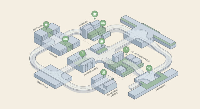 Isometric Transit Hub System Diagram for Airport or Transportation Center, Featuring Co-working Spaces, Lounges, and Rest Pods, Minimalist Technical Infrastructure Illustration