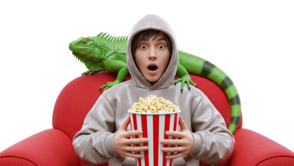 Surprised person with iguana and popcorn on couch