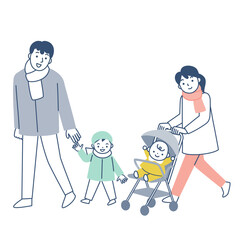 冬にお出かけする家族