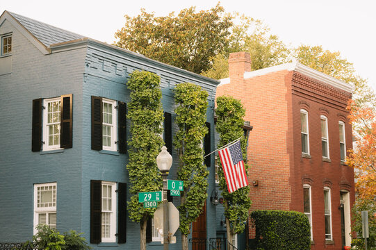 Classic Georgetown Row Houses with Ivy and American Flag