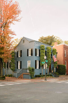 Classic Georgetown Row Houses with Ivy and American Flag
