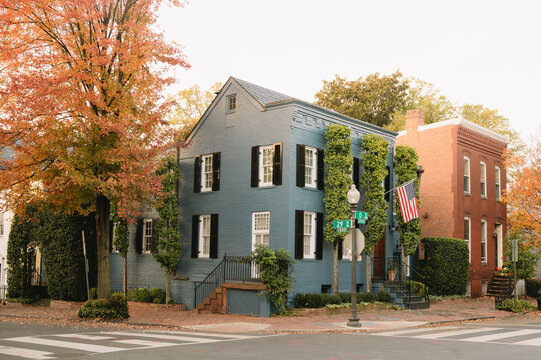 Classic Georgetown Row Houses with Ivy and American Flag