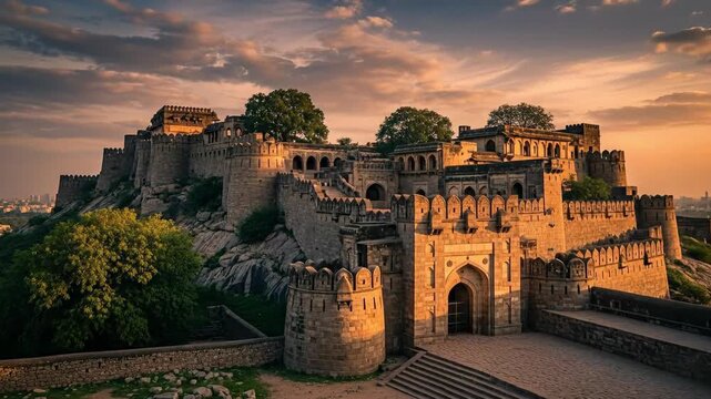 Historic fortress gate at sunset with stone walls and towers.