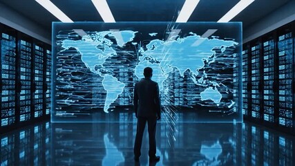 Global Data Analysis - A Man Interacting with World Map Display. - Powered by Adobe