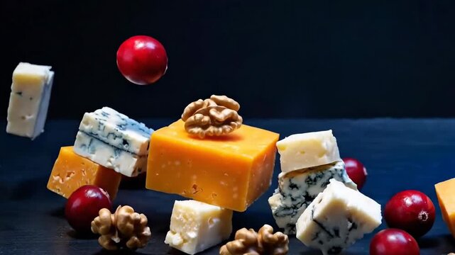 Creative floating assortment of cheese walnuts and cranberries on dark background