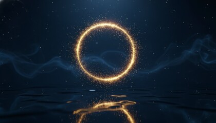Golden sparkling particle ring floating above reflective dark water surface