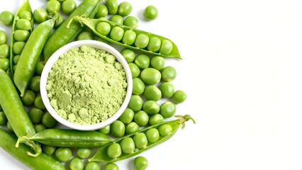 Green pea protein powder in the small bowl with fresh green peas and green pea pods 
