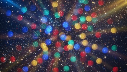 Vibrant multicolored bokeh circles and radial light rays on a dark background