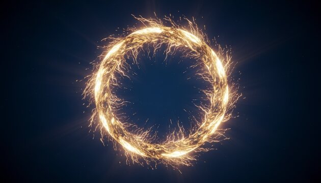 Abstract glowing golden energy ring of fire particles on dark blue background