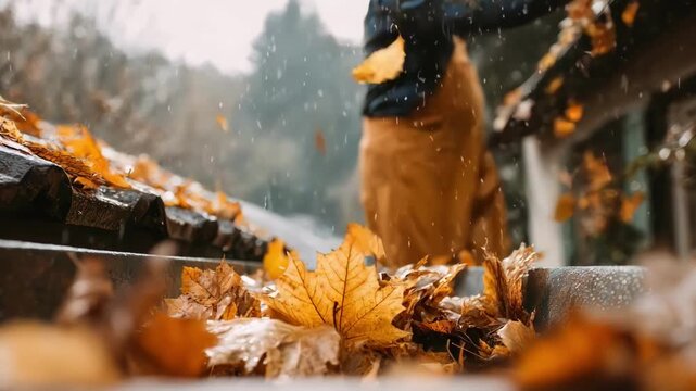 Medium shot of a person clearing leaves and twigs from rain gutters during spring to ensure proper water drainage.