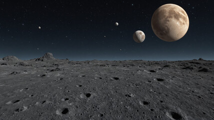 Large moon and smaller moons seen from a rocky lunar surface