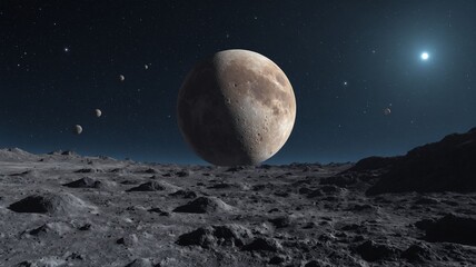 Large moon and smaller moons seen from a rocky lunar surface