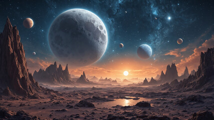 Large moon and smaller moons seen from a rocky lunar surface