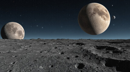 Large moon and smaller moons seen from a rocky lunar surface