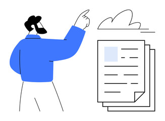 Documentation, cloud storage, digital management, information organization, data access, office productivity. Person pointing at documents near a cloud symbol. Documentation and cloud storage concept © robu_s