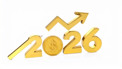 Obraz premium Golden Financial Outlook for 2026: The year 2026 takes center stage, marked by a shining, golden numeral alongside a currency coin and a soaring upward trend graph.