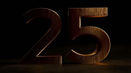 Golden 25th anniversary number and text glowing on solid black metallic background, creating a refined and timeless visual for luxury anniversary designs.