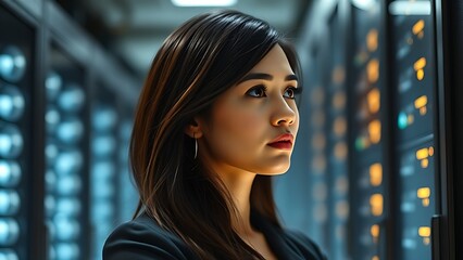 serverroom. A female technical professional in a modern data center, focused with a soft ambient glow from server racks. product launch decks.