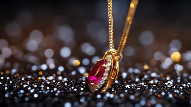 A gold necklace with a teardrop-shaped ruby pendant on a sparkling dark background
