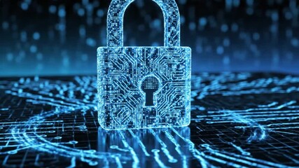 A futuristic digital padlock secures a circuit board in a video about cybersecurity and data protection Video Footage - Powered by Adobe