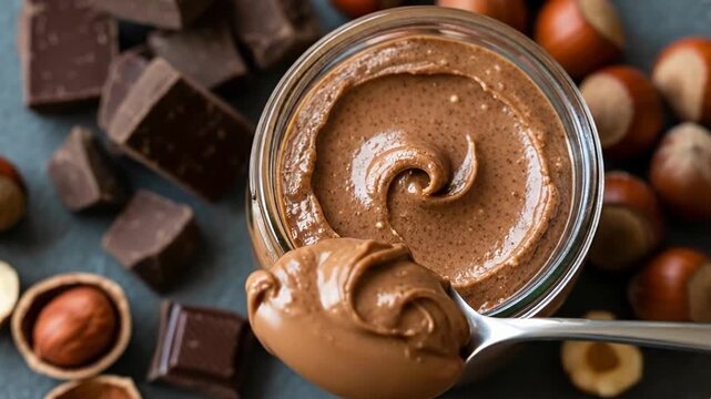 Creamy chocolate hazelnut spread gathered in a glass jar with cocoa nibs and roasted nuts, a decadent dessert topping for breakfasts and snacks.