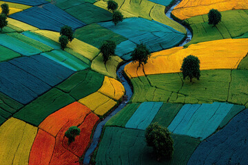 A picturesque aerial view of colorful agricultural fields separated by a meandering river. 