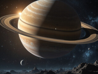 Ringed gas giant planet in deep space with stars