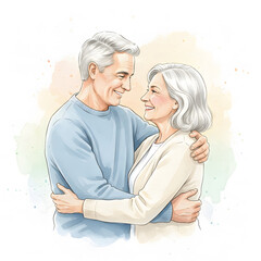 Senior couple embracing in a watercolor style