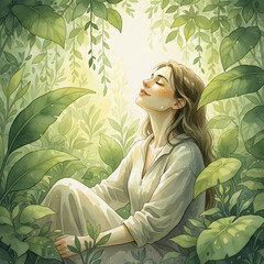 Serene Woman Embracing Soft Sunlight in a Lush Botanical Setting